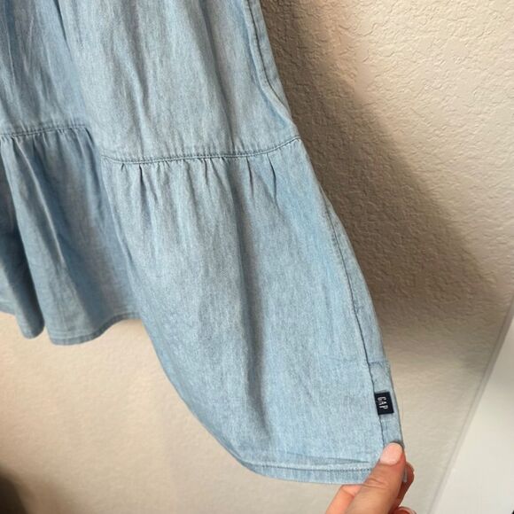 NWT Girl’s Gap Kids Blue Denim Tiered Cotton Puff Sleeve Dress - Size L - Picture 2 of 8